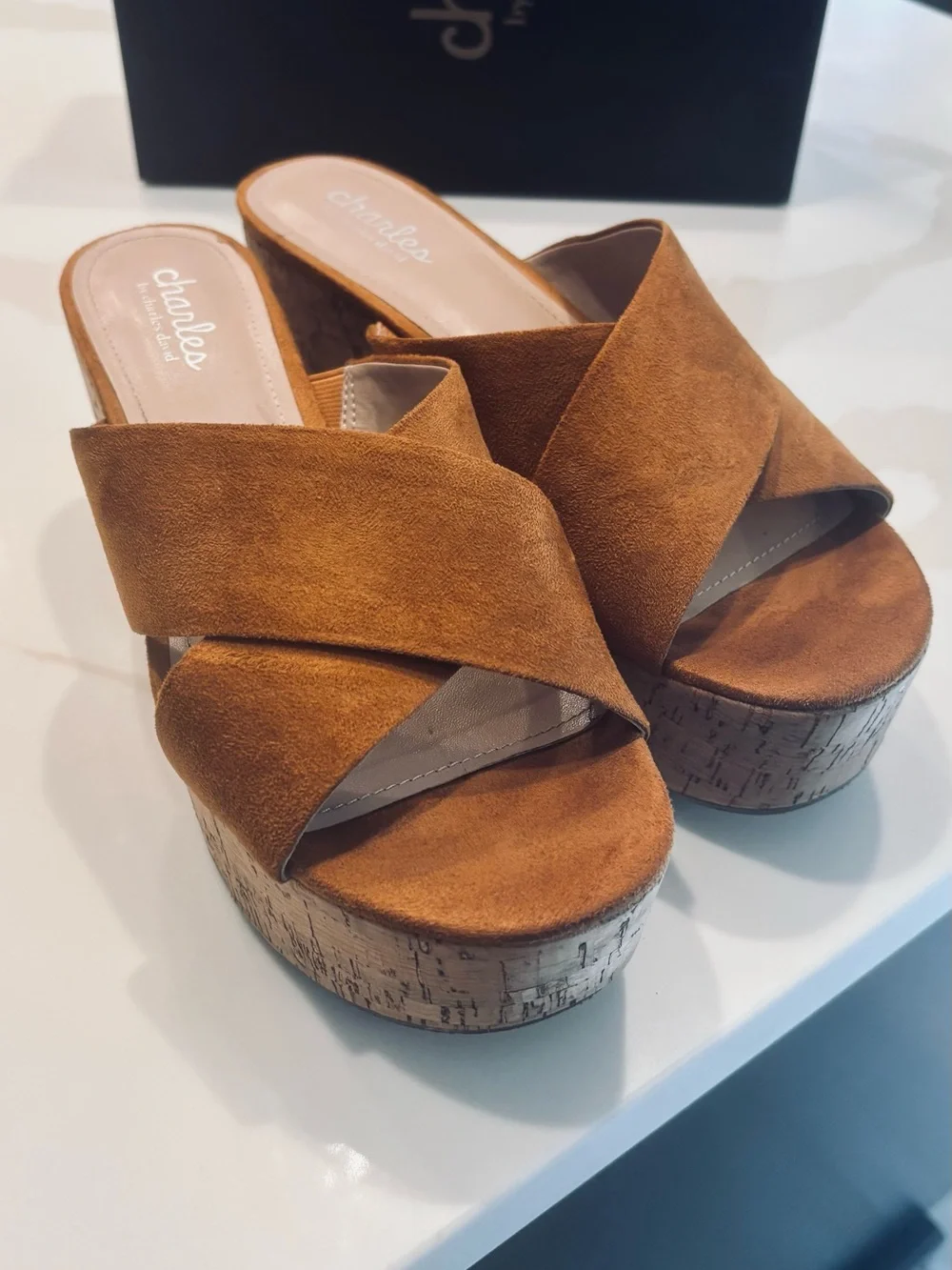 Charles by Charles David Tan Suede Cork Platform Slide Sandals